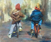 Дети на велосипедах (2026, х.м., 43.5x50.5, арт. 41к118) - 35 000 ₽