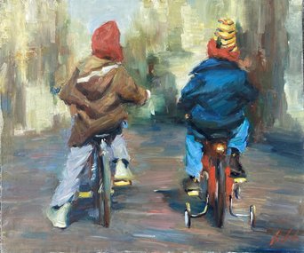 Дети на велосипедах (2026, х.м., 43.5x50.5, арт. 41к118) - 35 000 ₽