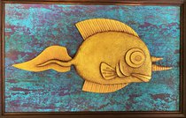 декоративное панно "Рыба-носорог" (2022, смешанная техника, 21.5x35, арт. 19п.3) - 3 400 ₽