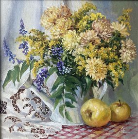 Хризантемы (2025, х.м., 35x35, арт. 115к1) - 13 600 ₽