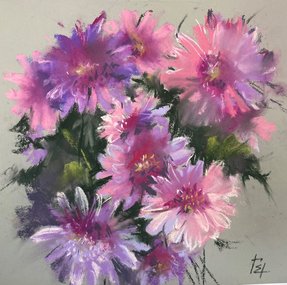 Розовые хризантемы (год не указан, бум.,темпера,пастель, 25.5x26, арт. 12.27) - 6 000 ₽