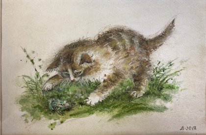 Котенок с лягушкой (2018, пастель,бумага, 17x24, арт. 68К.8) - 4 250 ₽