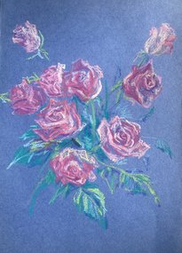 Розы на синем (год не указан, бумага,масл пастель, 41x29.5, арт. 75к10) - 3 000 ₽
